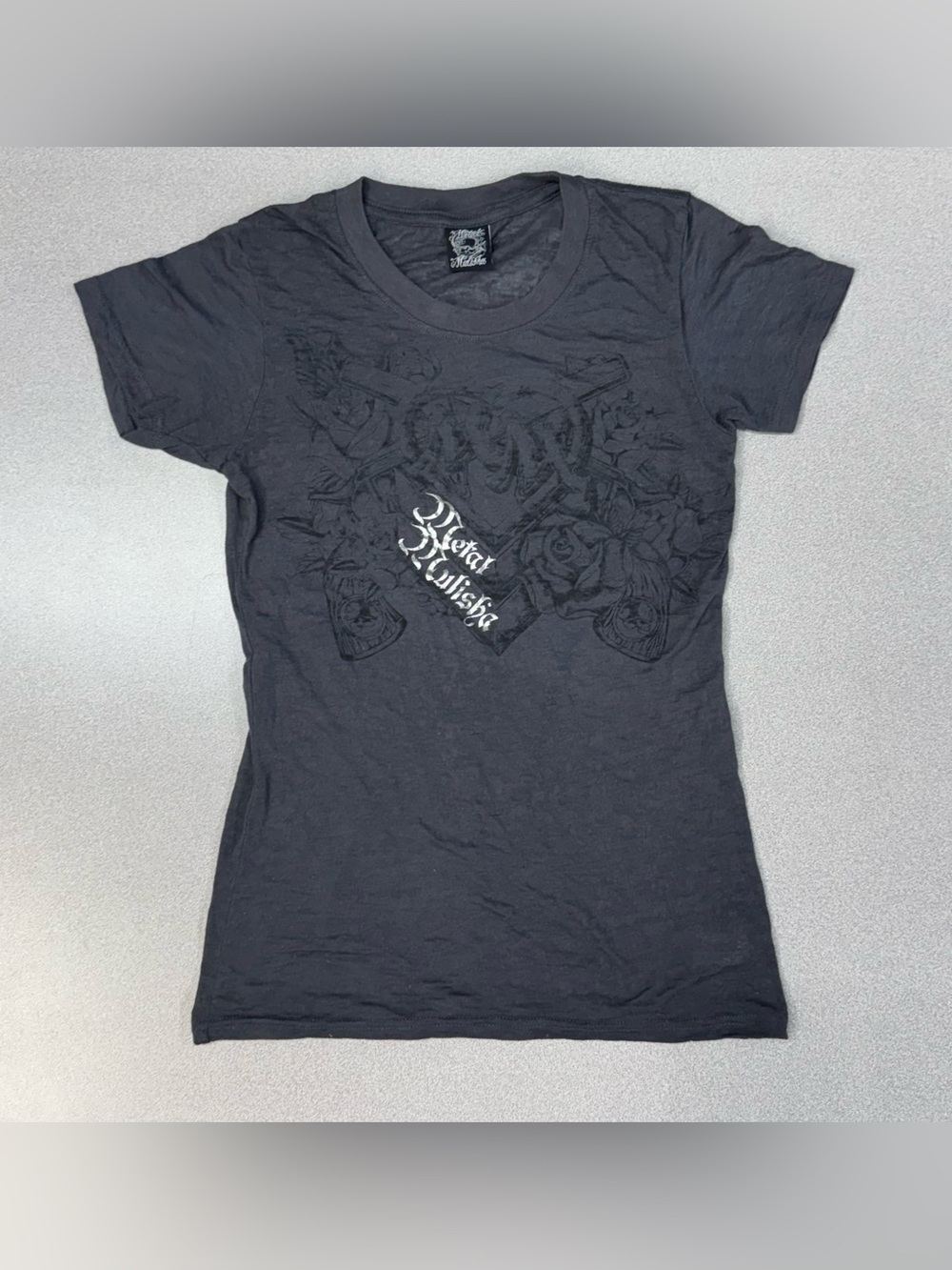Metal Mulisha Y2K Heathered Graphic Gun and Rose Logo Crewneck T-Shirt Emo Scene